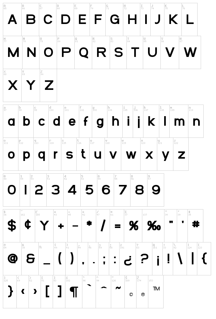 SF Arbocrest font map